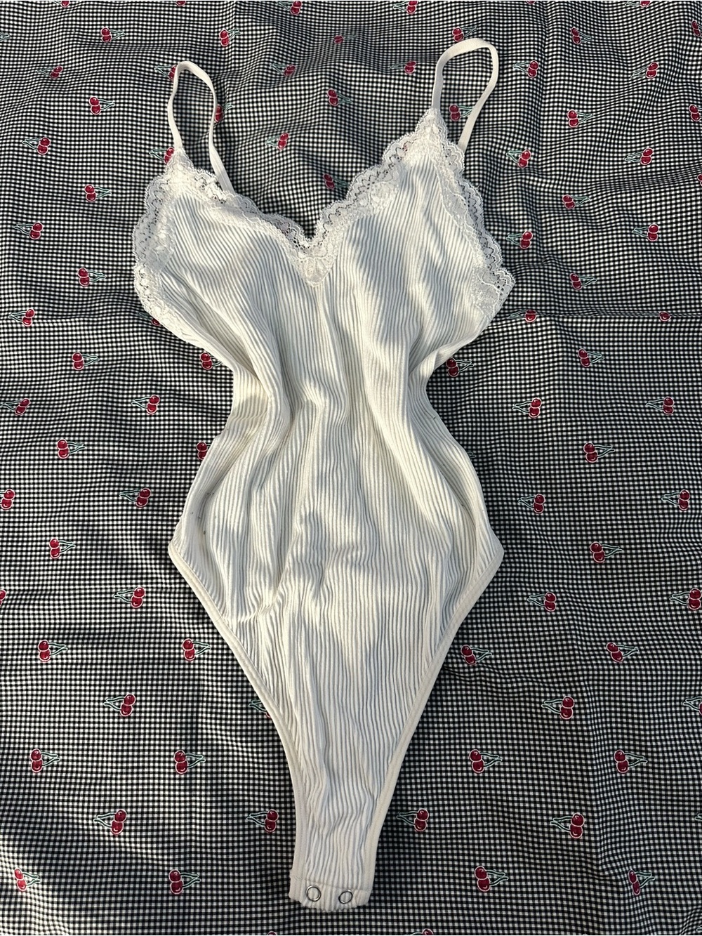 White Ribbed Lace Trim Bodysuit